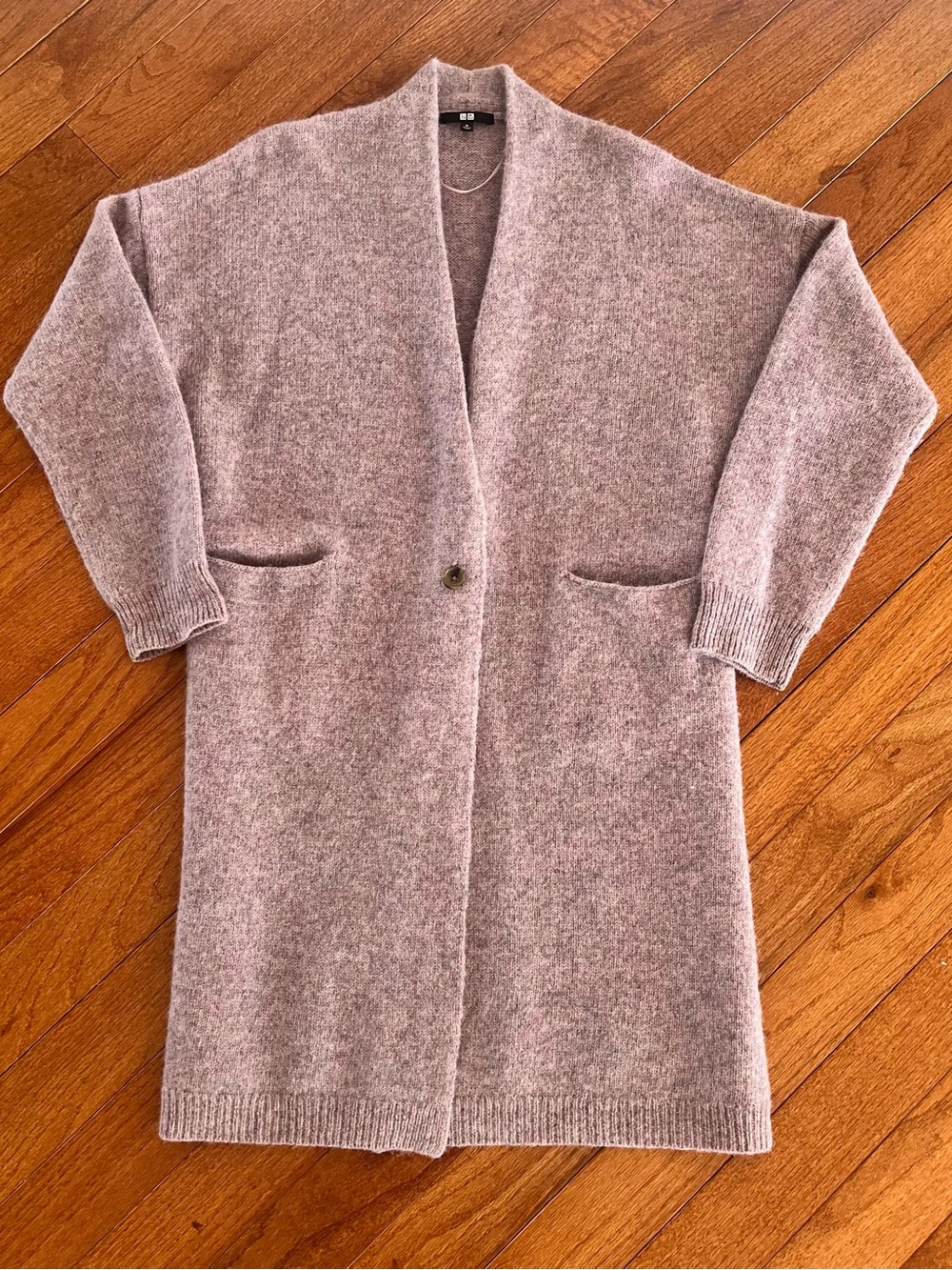 Uniqlo Long Open-Front Single Button Cardigan Sweater 100% Wool - Lilac